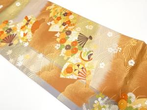 扇に蝶・菊・秋草模様織り出し　振袖用袋帯